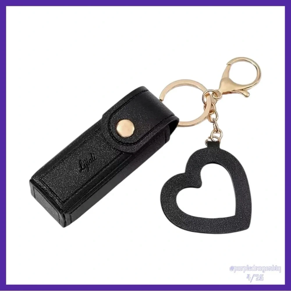 Black Faux Leather Lipstick Holder With Mirrored Heart Keychain/Bag Charm